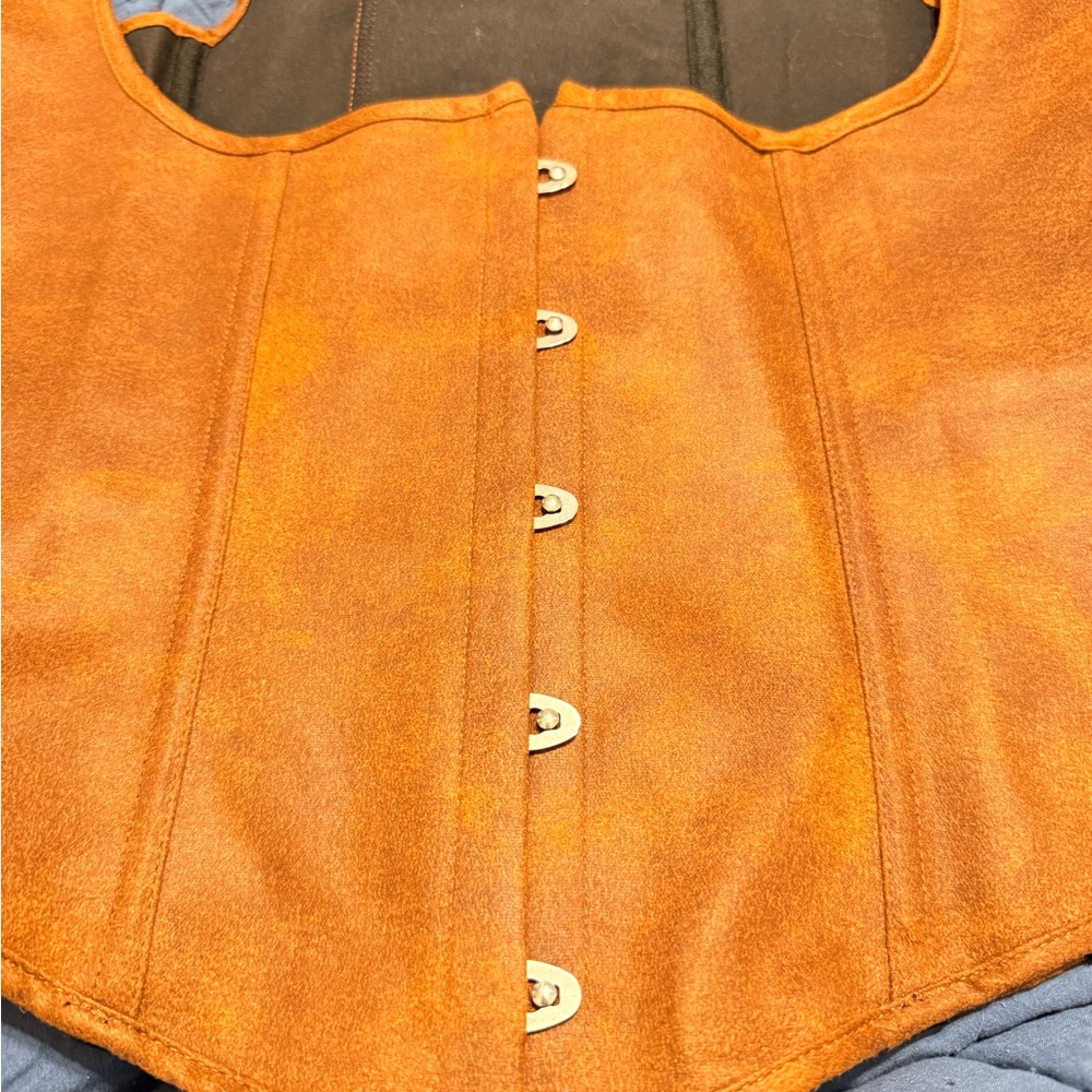Faux brown suede corset, tie back front button Women's Top - Picture 4 of 5
